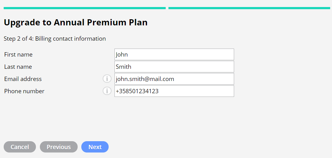 Upgrade annual Premium plan and fill in the contact details for payment.