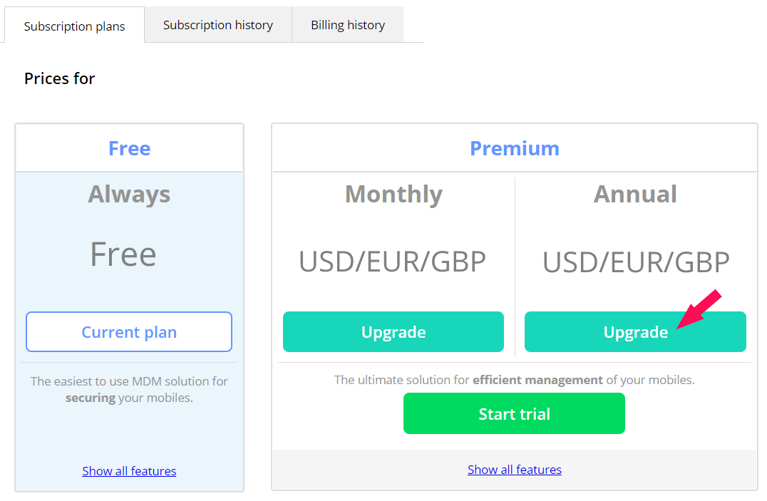 Upgrading to Premium with monthly or annual payment methods.