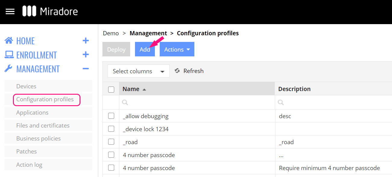 Configuration profiles list view in Miradore.