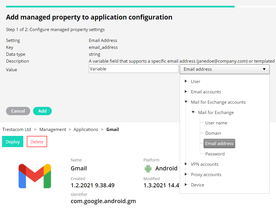 Add managed property to application configuration.
