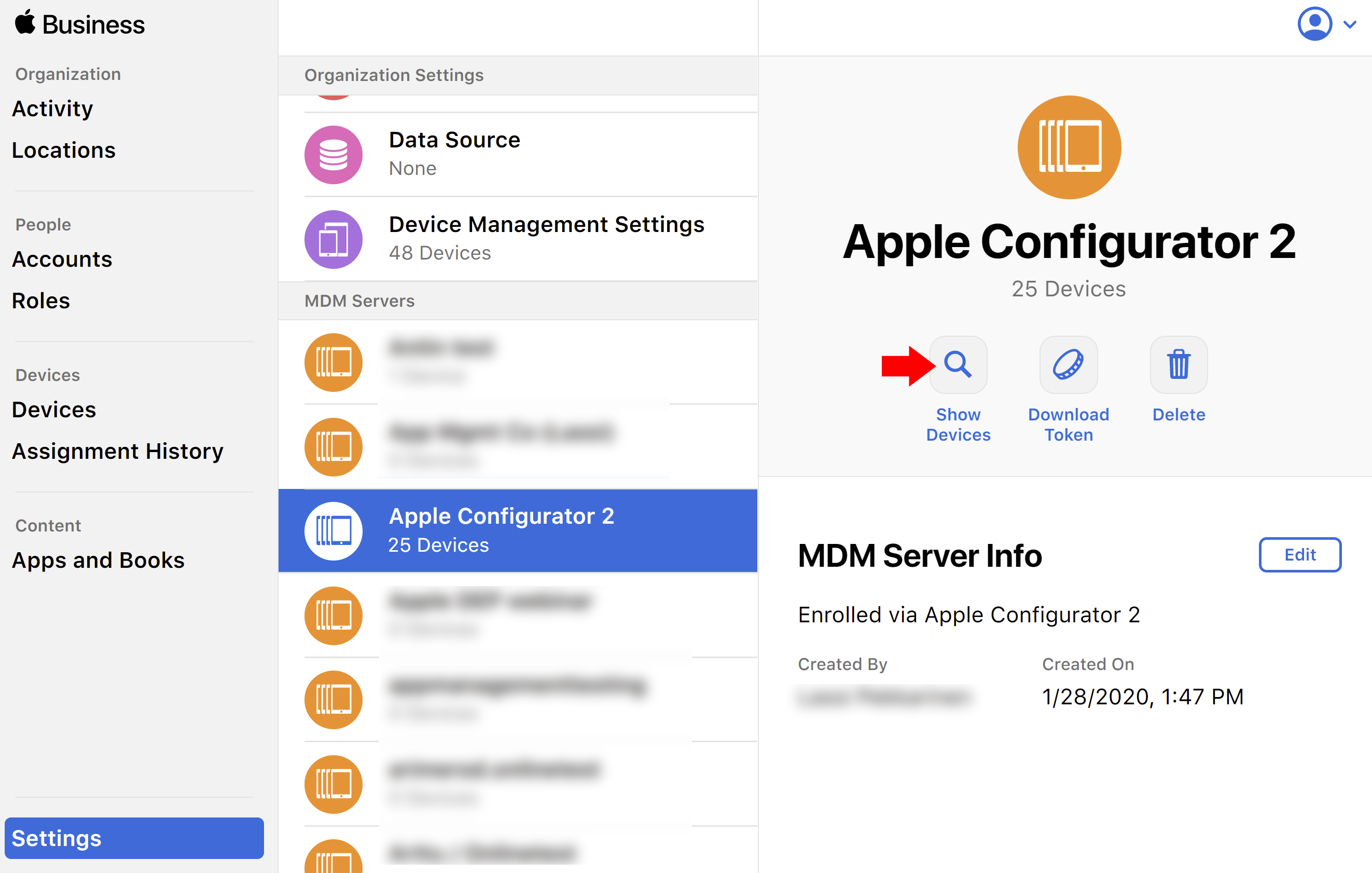 Devices that have been added to Apple Business Manager via Apple Configurator 2.