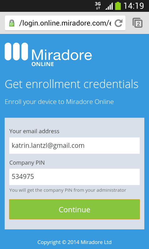 Inputting your enrollment credentials in Miradore.