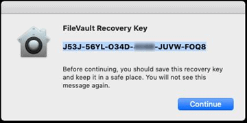 FileVault recovery key example.