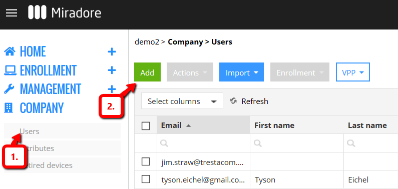 Adding a new user in Miradore.