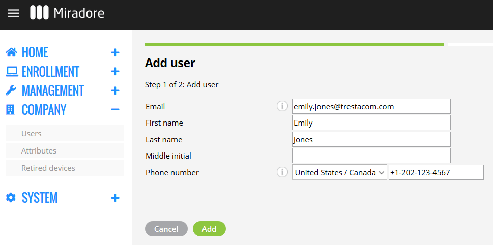 Adding user information in Miradore.