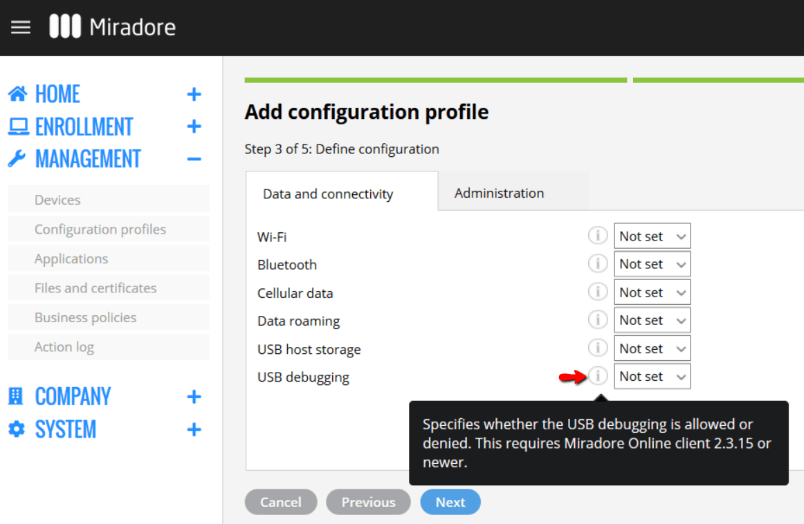 Defining data and connectivity in the configuration profile.