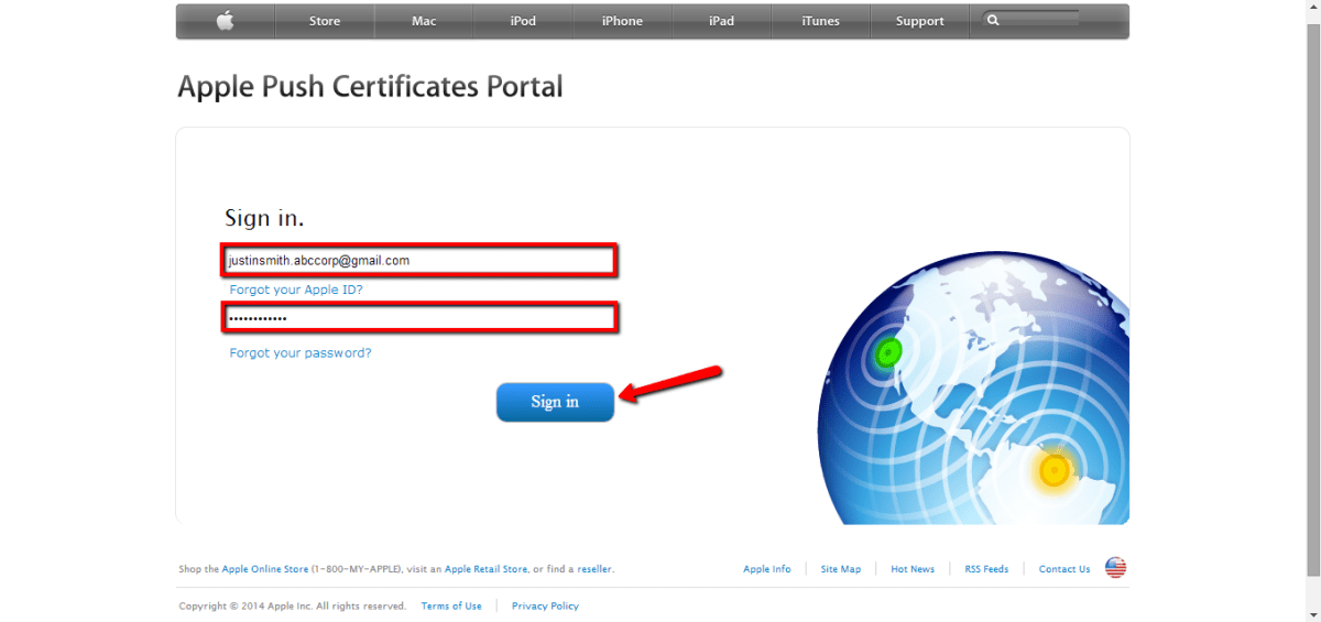 Apple Push Certificates portal sign in page.