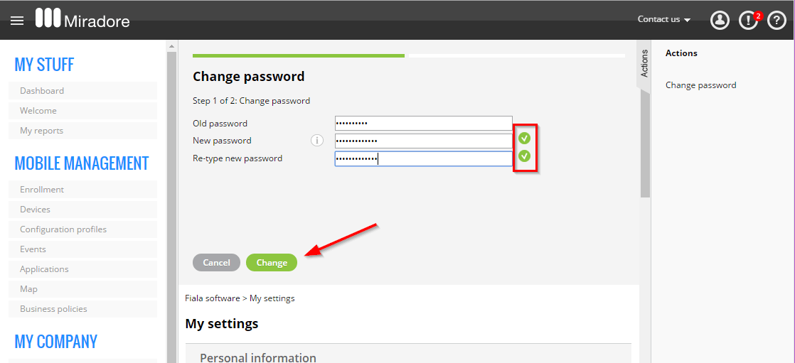 Change password step 1 of 2. Arrow pointing at Change button.