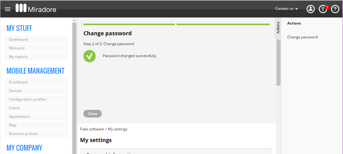 Password changed successfully notification.