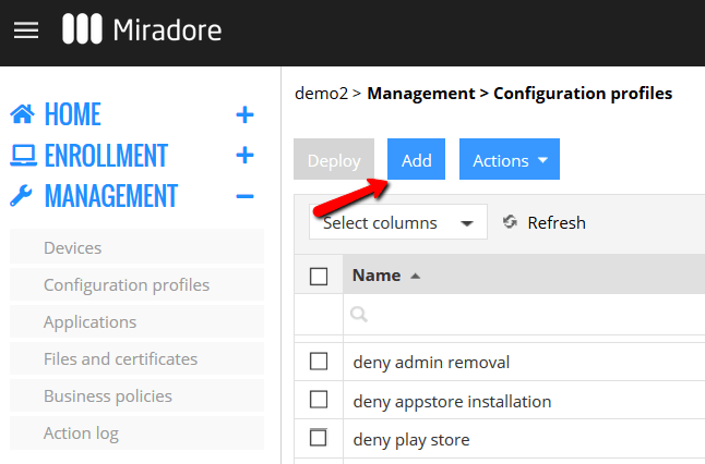 Adding configuration profile in Miradore.