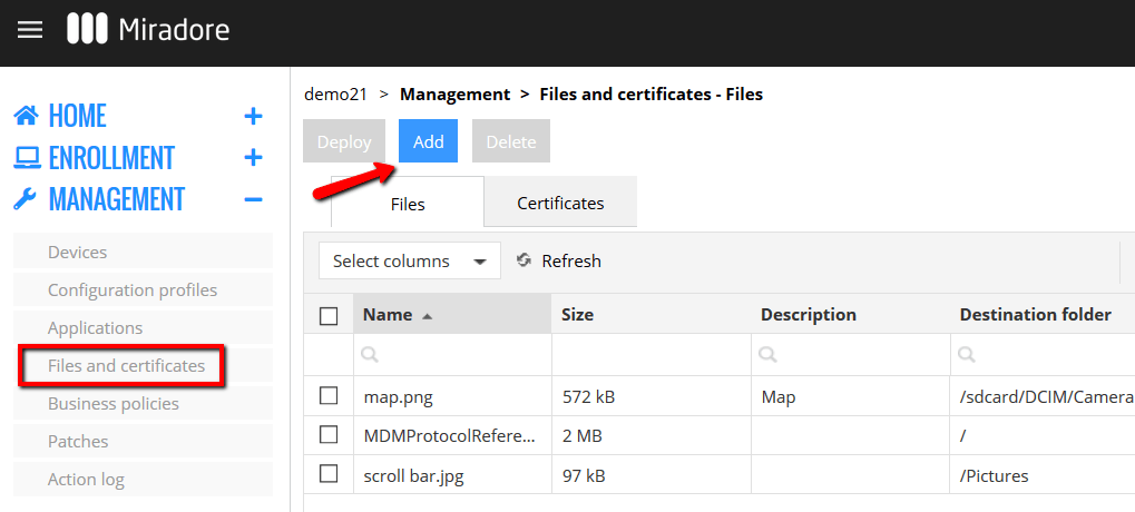 Files and certificates with the Add button.