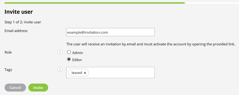 Inviting a user using an email address in Miradore.