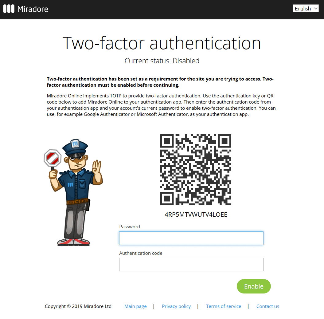 Enabling two-factor authentication.