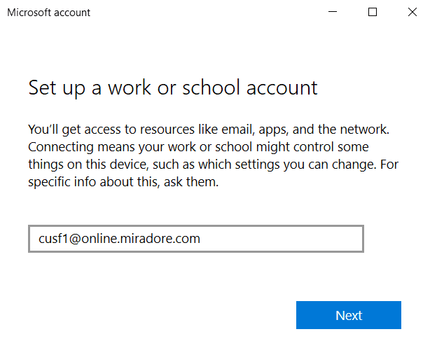 Setting up a work or school account.
