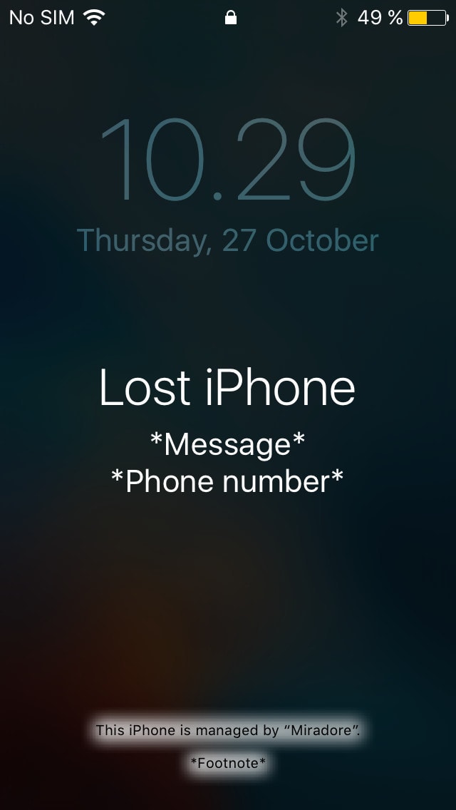 Message and phone number displayed when the phone is defined as lost.