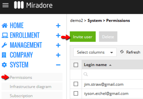 Invite users under permissions menu in Miradore.