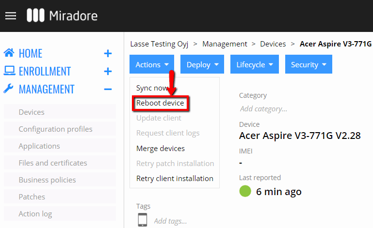 Reboot device from device page