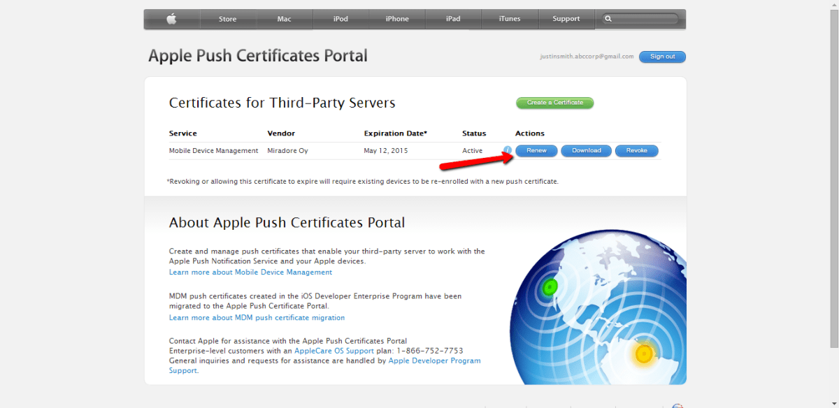 Renew option in the Apple Push Certificates portal.