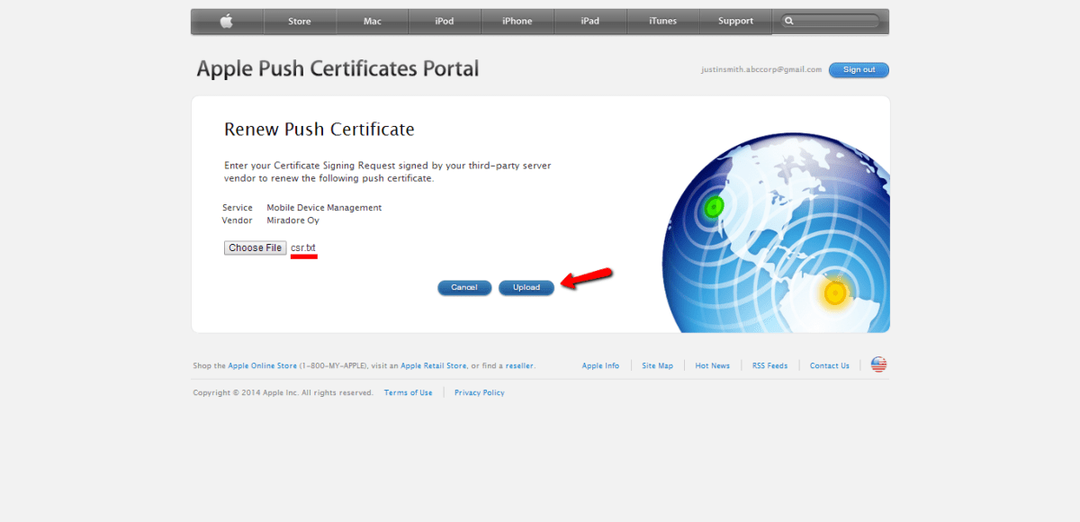 Uploading the file in the Apple Push Certificates portal.