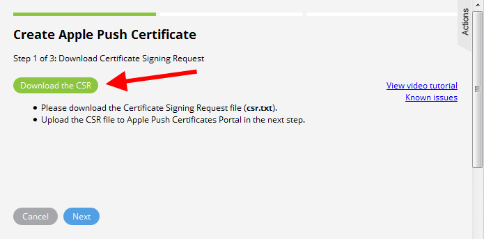 Dowload the CSR file as the first step of creating the Apple Push Certificate.