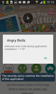 Angry Birds app blocked on the mobile device.