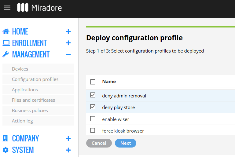 Selecting configuration profiles in Miradore.