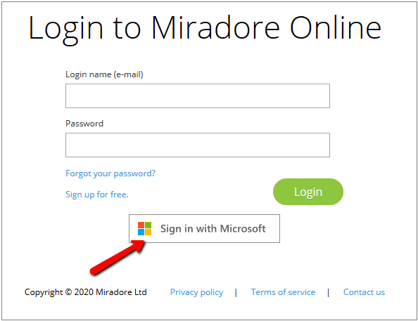 Login to Miradore with an arrow pointing at the option to Sign in with Microsoft.