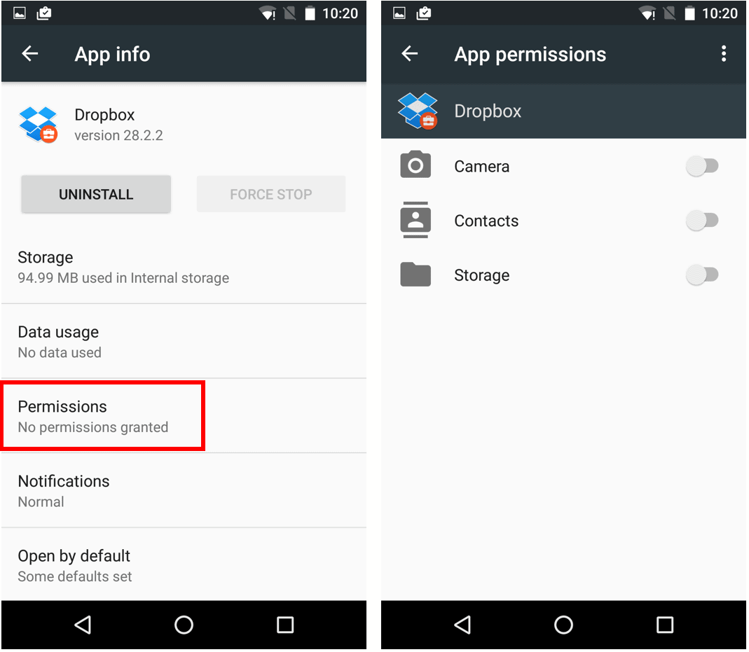 Permissions under the Dropbox app information.