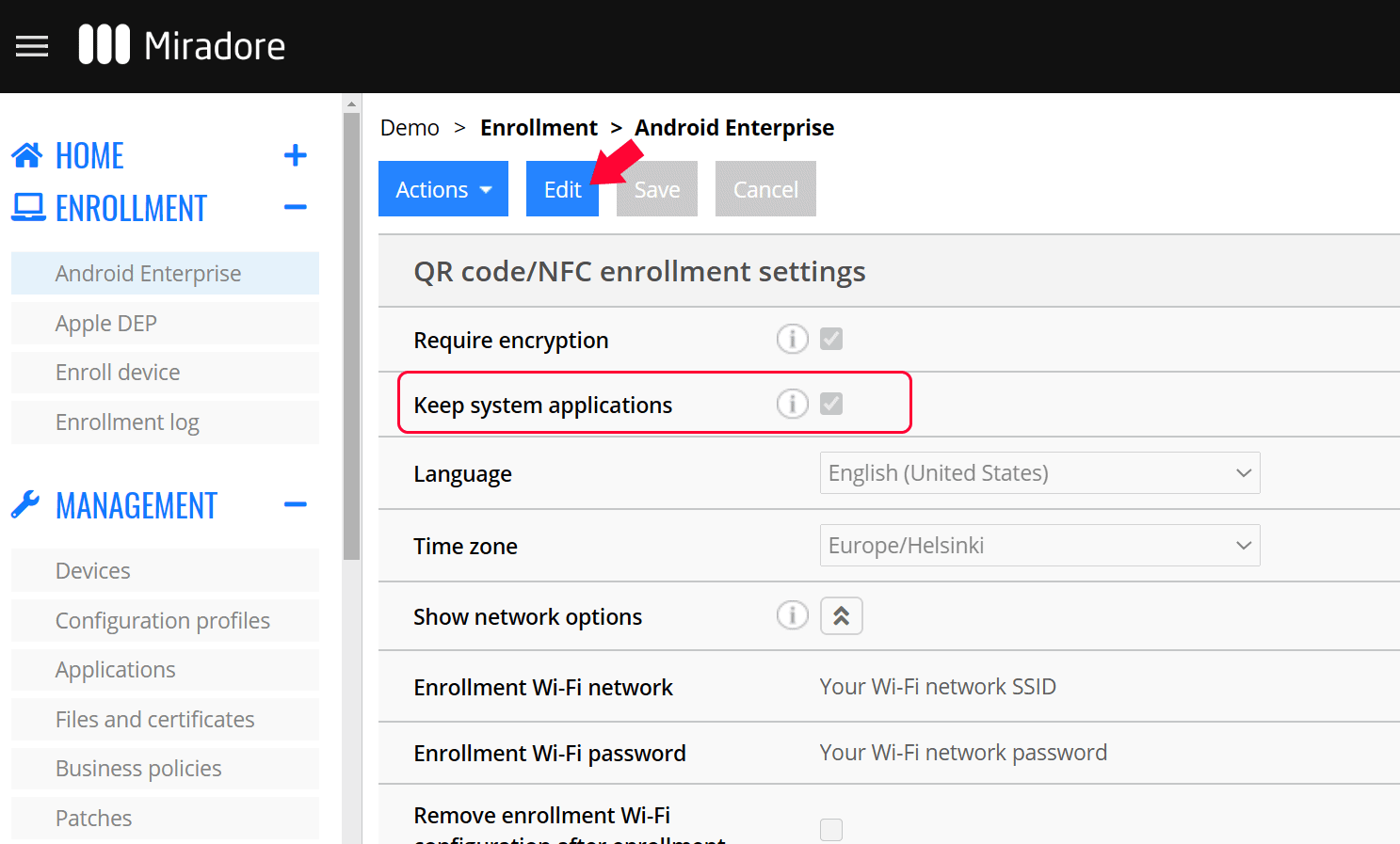 Android Enterprise system application settings