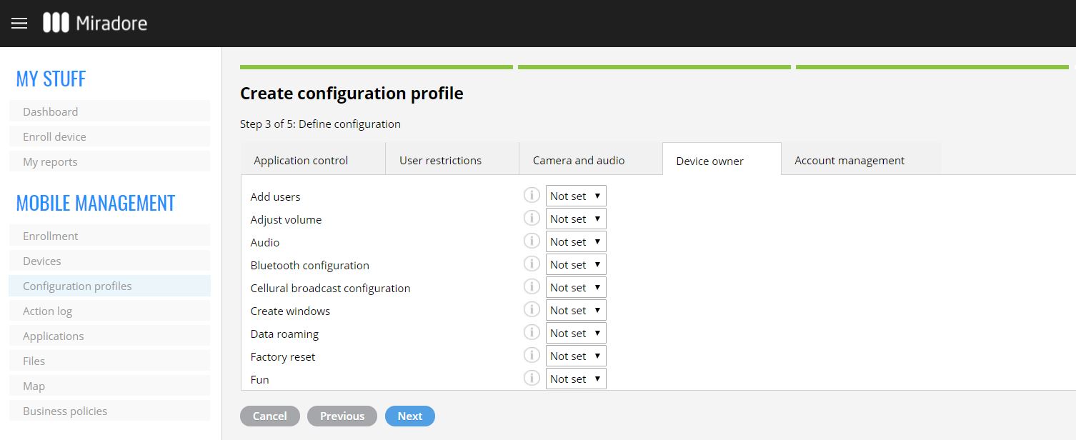 Configuring Android enterprise restrictions in the configuration profile.