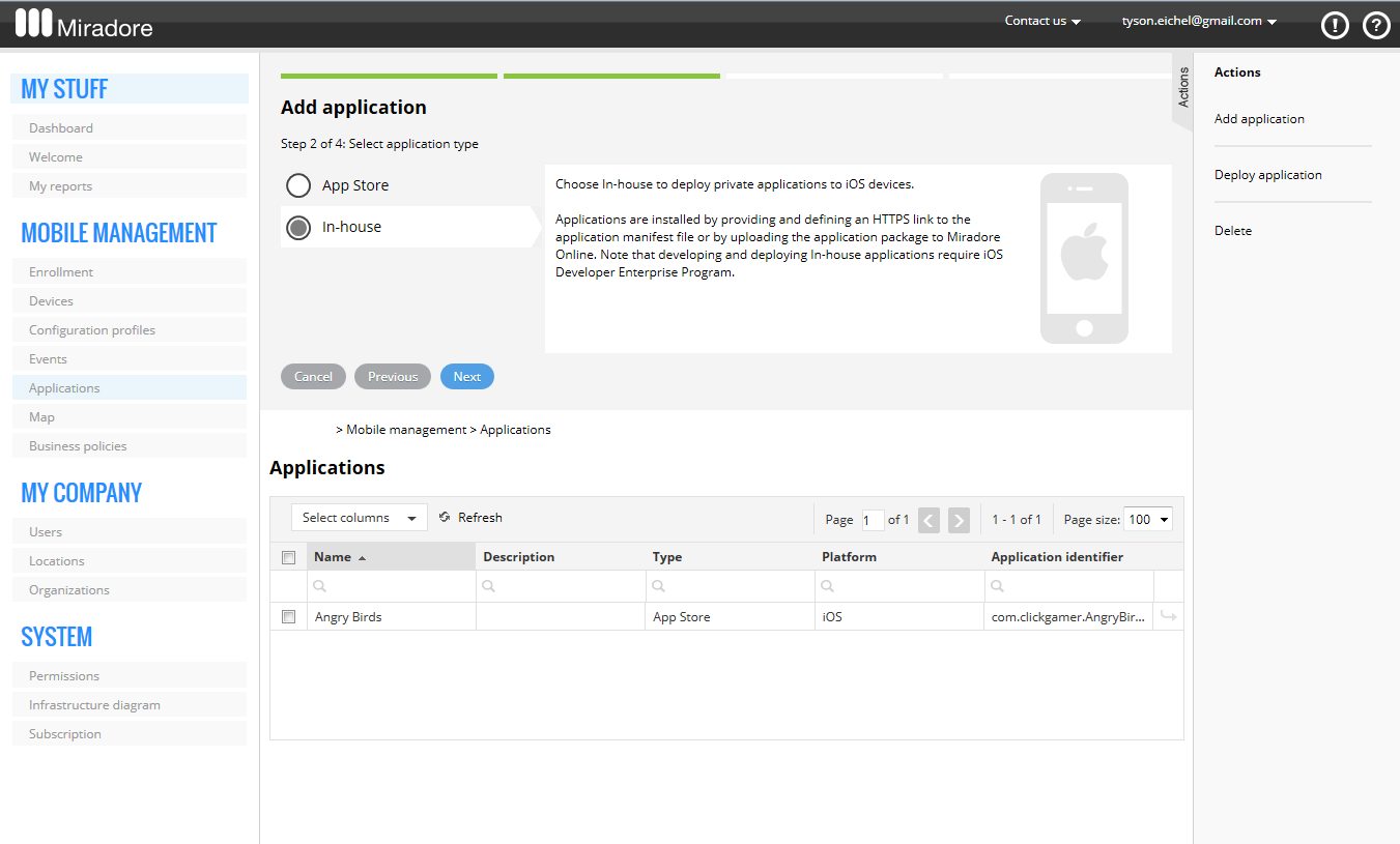 Selecting the application type when adding the application.