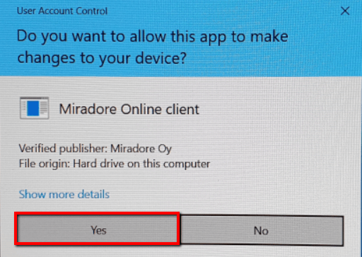 Allow Miradore client to make changes to your device.