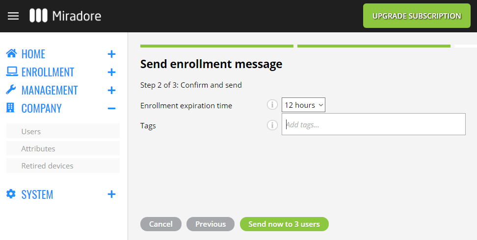 Expiration time of the enrollment message in Miradore