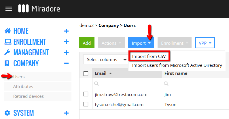 Company view with Import from CSV option