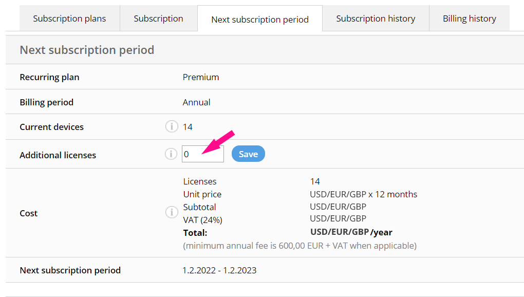Subscription details of the next period highlighting the additional licenses.