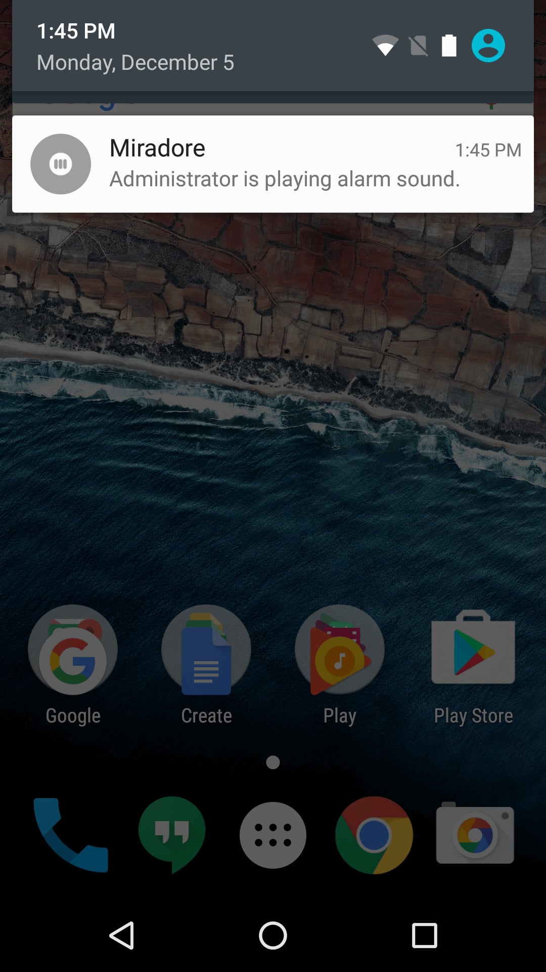 Alarm sound notification shown as a push up notification.