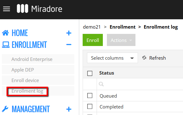 Enrollment log shown on Miradore.