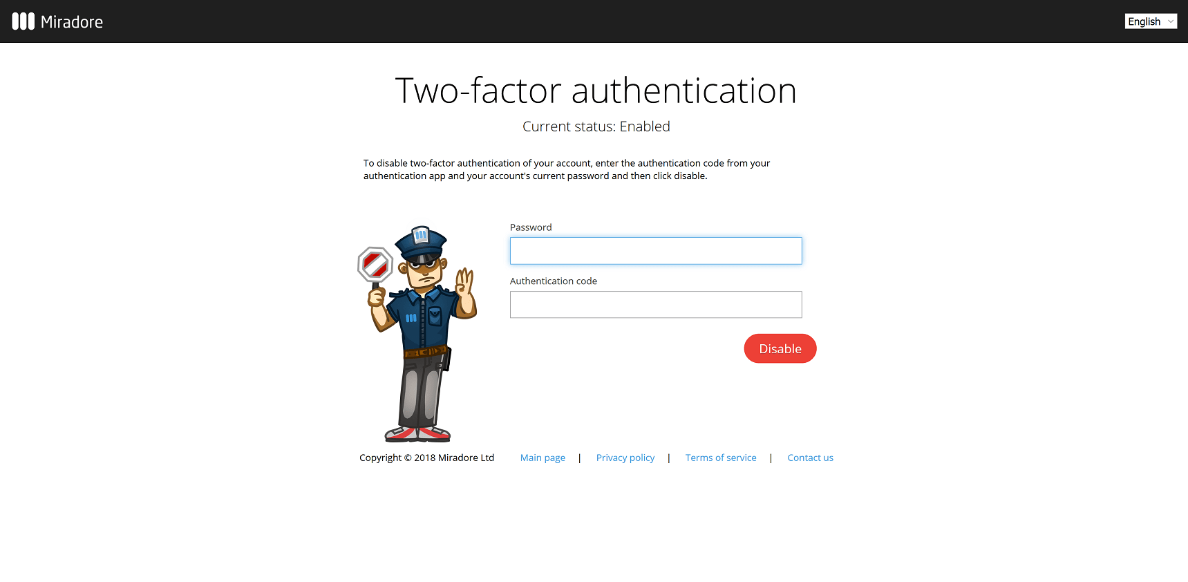 Disabling the two-factor authentication in Miradore.