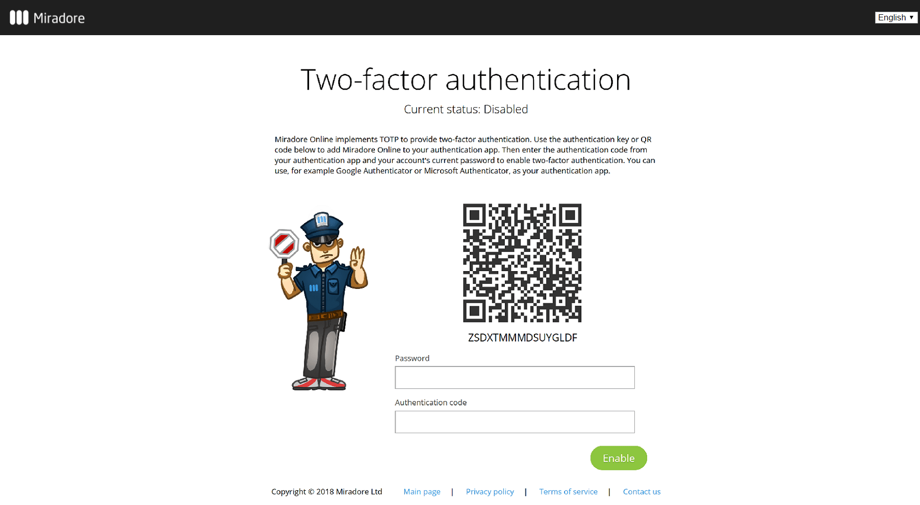 Enabling two-factor authentication in Miradore.