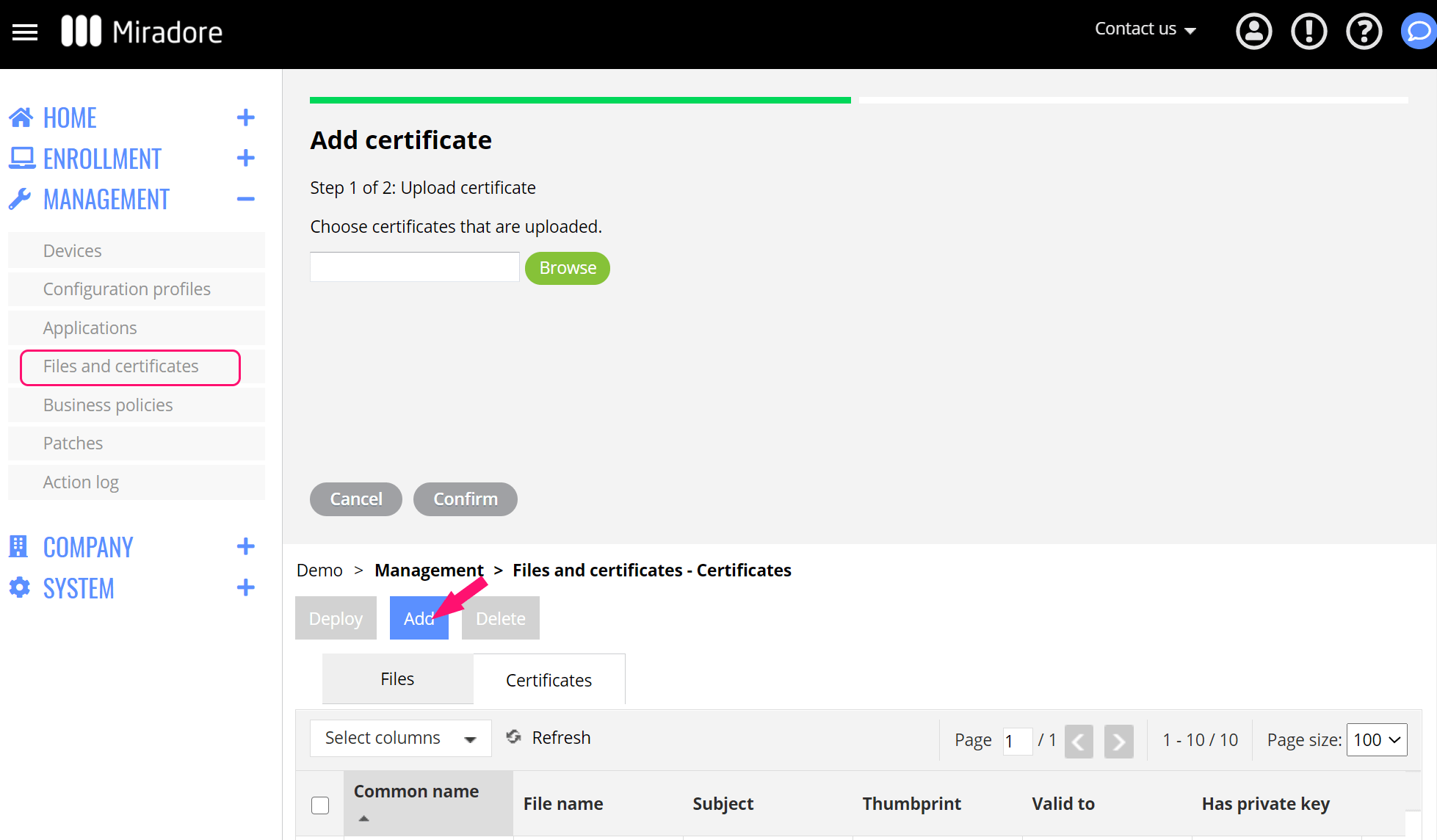 Upload Certificate to Miradore