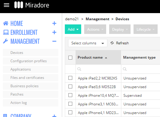 Miradore shows you whether your iOS devices are supervised or not.
