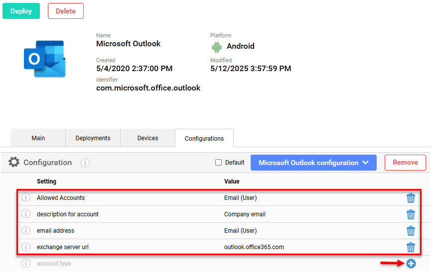 Miradore - configure exchange for outlook android