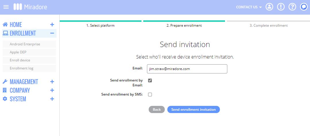 Administrators can choose whether they wish to send the enrollment credentials to the device user by email or sms.