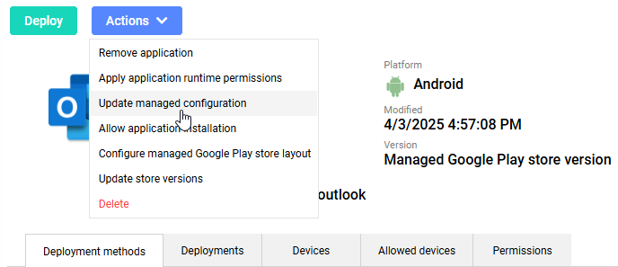 Miradore - update managed config outlook