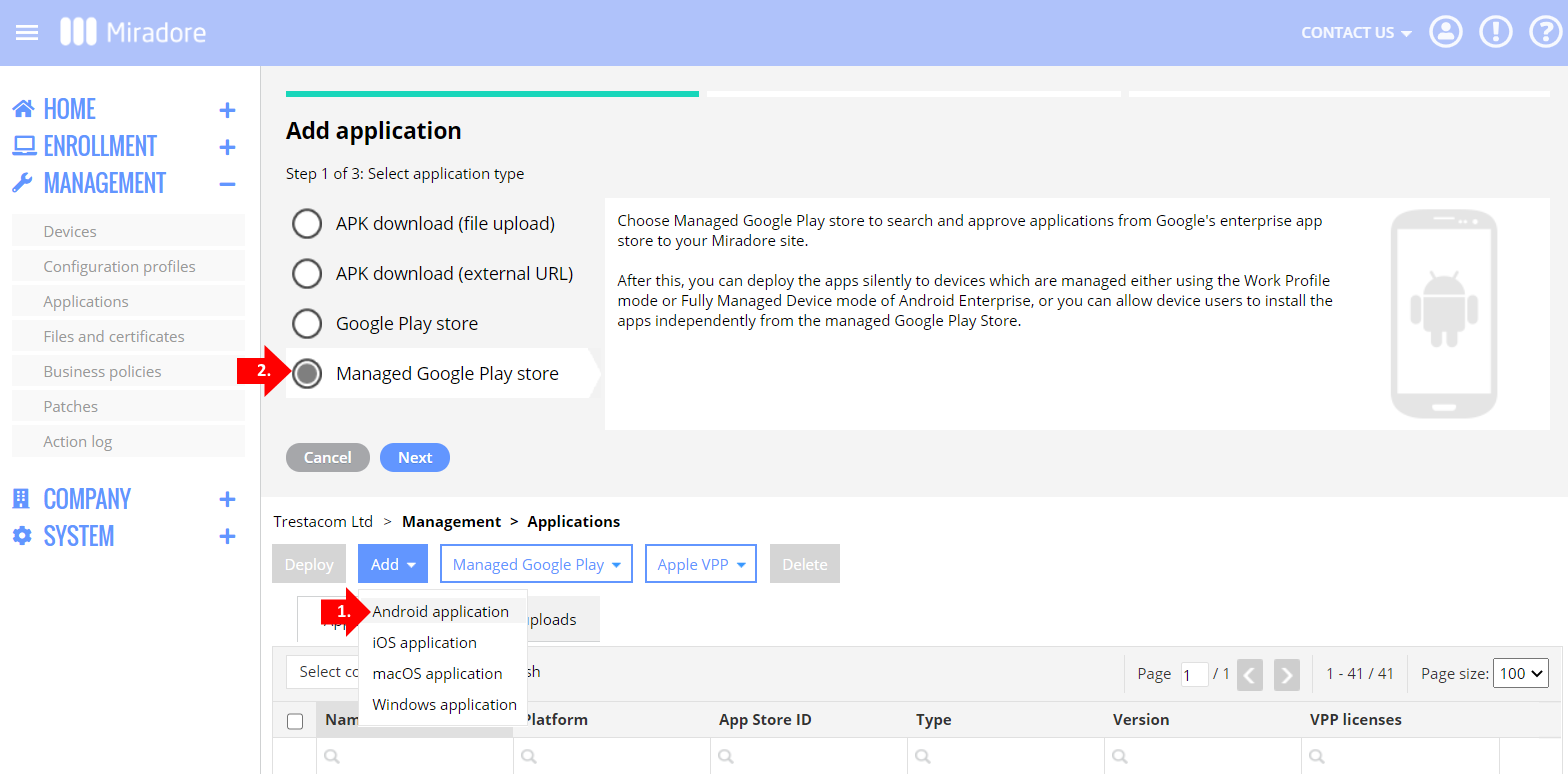 Adding a managed Google Play app to Miradore's application repository.