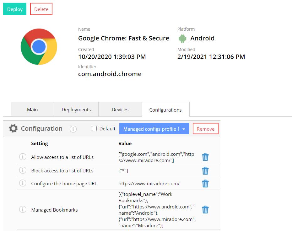 Managed app configs for Chrome. How to set HomePageLocation, managed bookmarks and how to block and whitelist URLs.