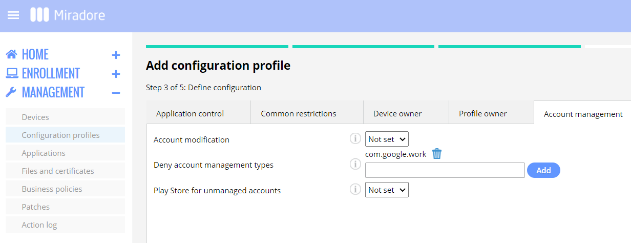 How to prevent device users from deleting or modifying managed Google Play accounts on Android Enterprise managed devices