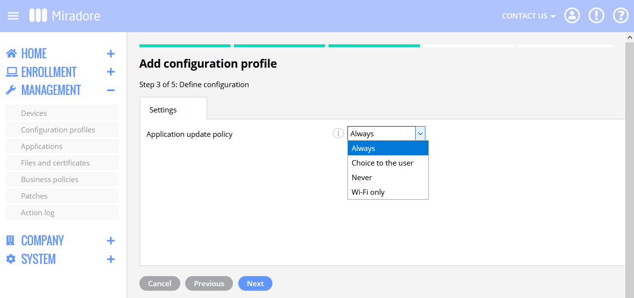 Android application update policy settings for automatically updating managed Google Play apps on an Android device.