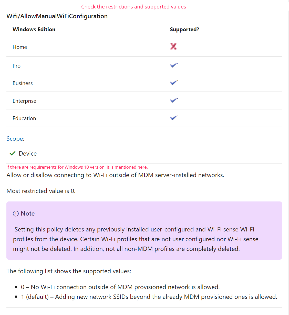 Restrictions and supported values of Windows 10 custom policy
