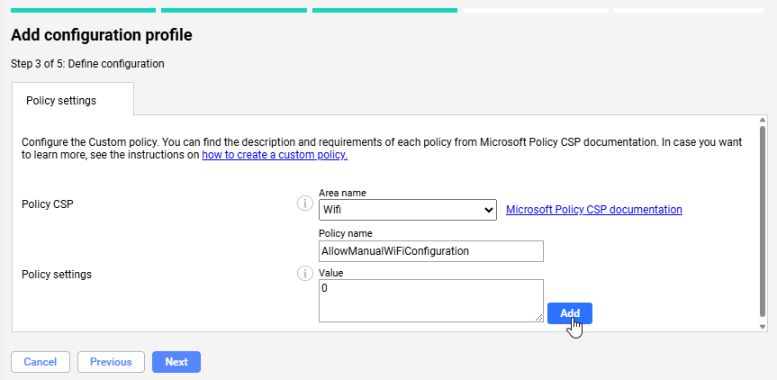 Miradore - win wifi custom policy settings